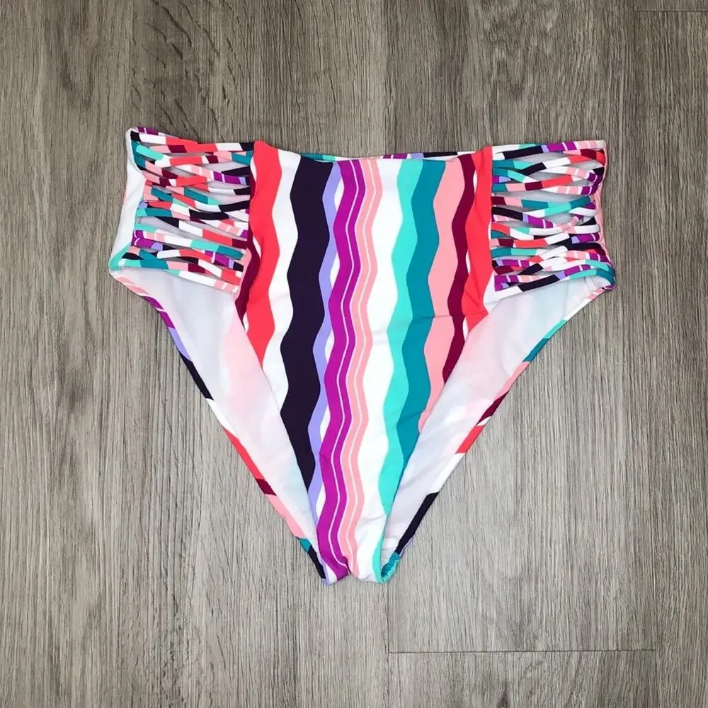 Bar III Women's Multi Color Waves Strappy High-Waist Bikini Swim Bottoms sz S